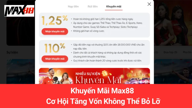 Khuyến Mãi Max88 - Cơ Hội Tăng Vốn Không Thể Bỏ Lỡ 1 Khuyến Mãi Max88 - Cơ Hội Tăng Vốn Không Thể Bỏ Lỡ