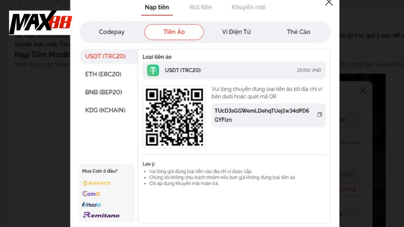 Phương thức Nạp Tiền max88