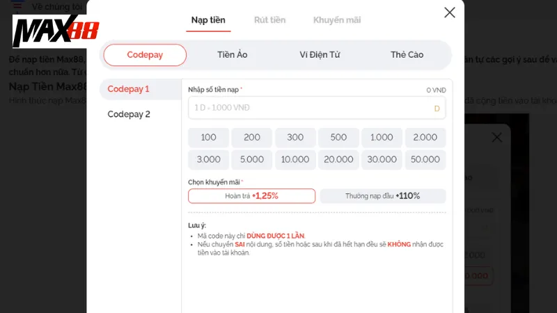 Quy trình Nạp Tiền max88